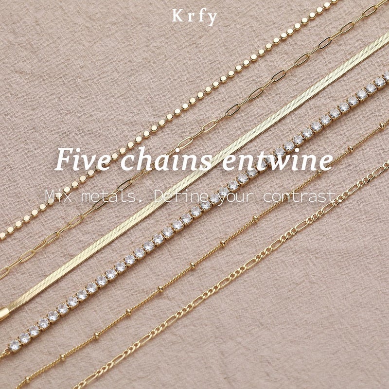 Krfy 5/6Pcs Gold Plated Bracelets for Women Trendy, S925 Plated Silver Bracelet Stack, Non Tarnish Waterproof Bracelets for Women, Paperclip Herringbone Figaro Cuban Twist Chains, Size 6.5''+2'' - Image 4